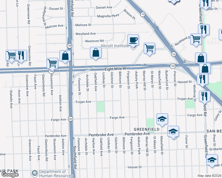 map of restaurants, bars, coffee shops, grocery stores, and more near 20309 Gilchrist Street in Detroit