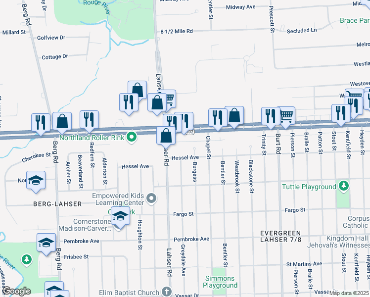 map of restaurants, bars, coffee shops, grocery stores, and more near 21630 Hessel Avenue in Detroit