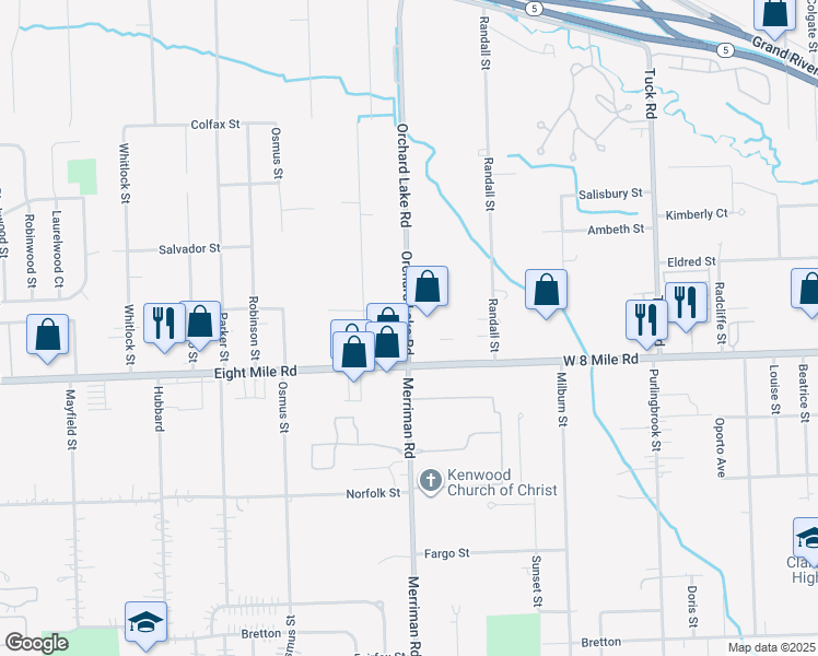 map of restaurants, bars, coffee shops, grocery stores, and more near 20785 Orchard Lake Road in Farmington Hills
