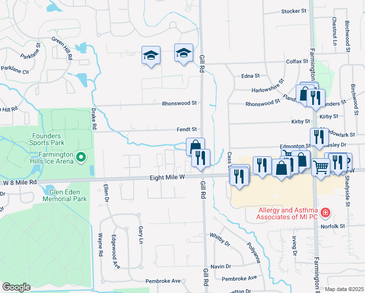 map of restaurants, bars, coffee shops, grocery stores, and more near 20877 Gill Road in Farmington Hills