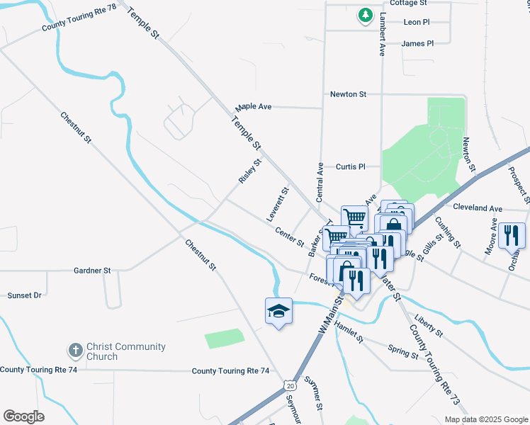map of restaurants, bars, coffee shops, grocery stores, and more near 117 Center Street in Fredonia