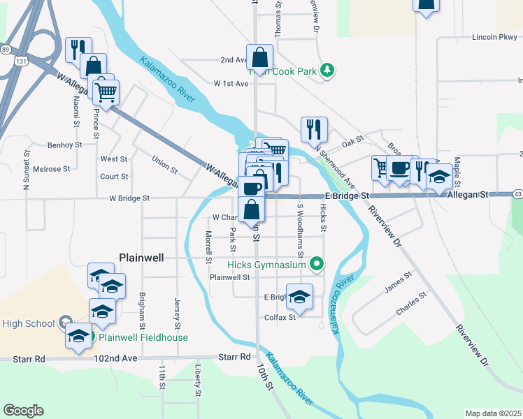 map of restaurants, bars, coffee shops, grocery stores, and more near 126 East Bridge Street in Plainwell