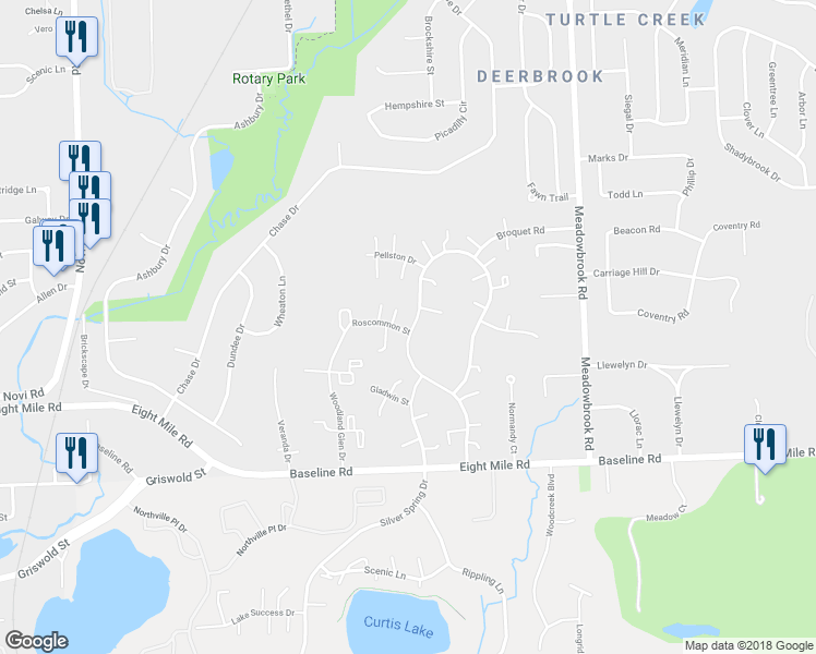 map of restaurants, bars, coffee shops, grocery stores, and more near 42106 Roscommon Street in Northville