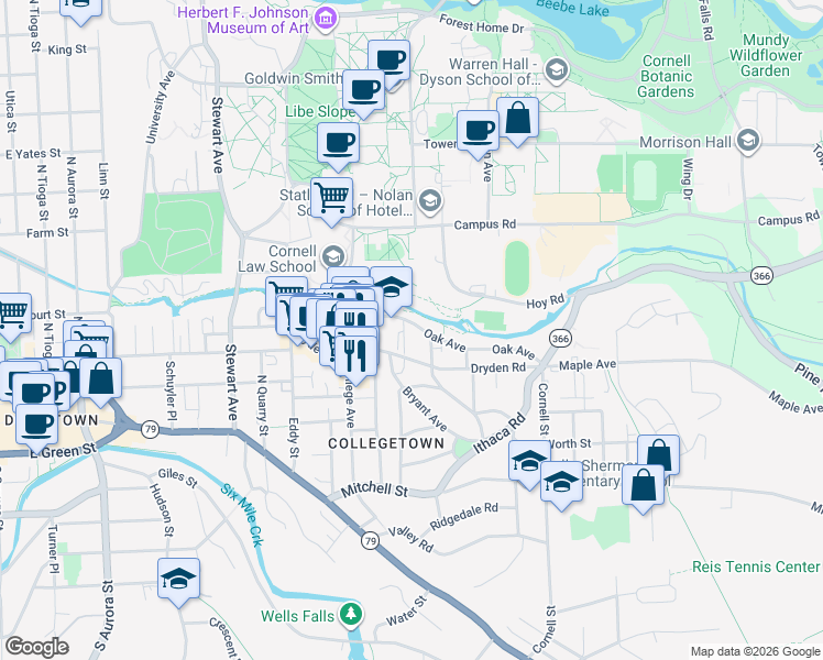 map of restaurants, bars, coffee shops, grocery stores, and more near 116 Summit Street in Ithaca