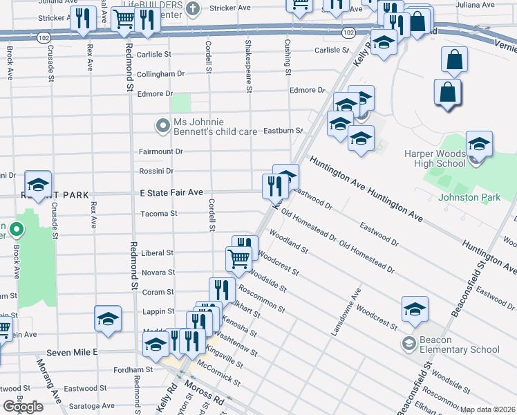 map of restaurants, bars, coffee shops, grocery stores, and more near 16551 Tacoma Street in Detroit