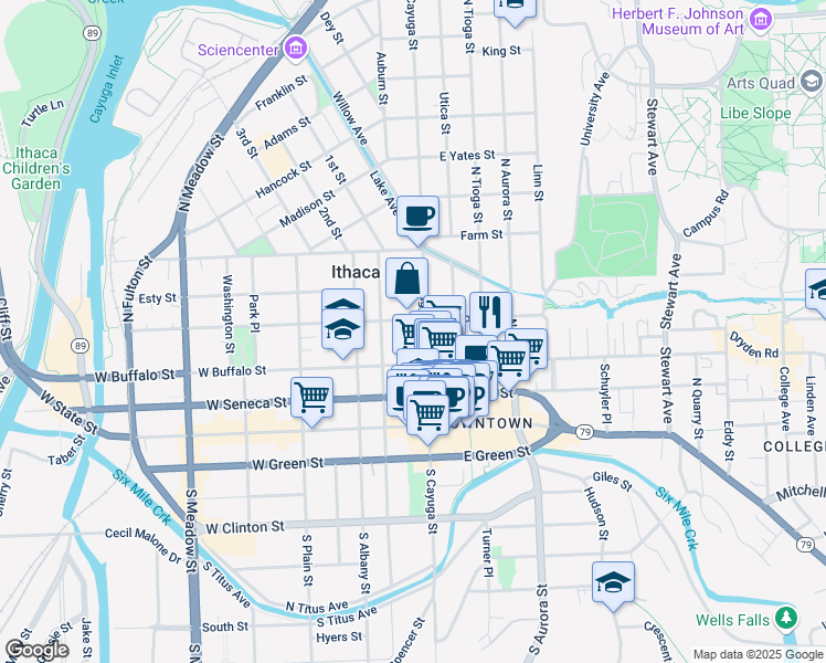 map of restaurants, bars, coffee shops, grocery stores, and more near 114 West Court Street in Ithaca