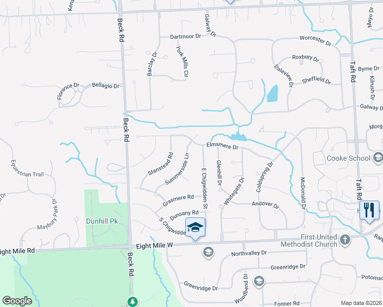 map of restaurants, bars, coffee shops, grocery stores, and more near 21483 Summerside Lane in Northville