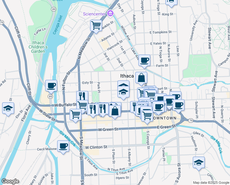 map of restaurants, bars, coffee shops, grocery stores, and more near 331 West Court Street in Ithaca