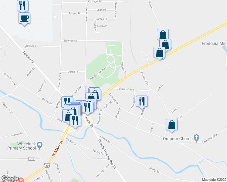 map of restaurants, bars, coffee shops, grocery stores, and more near 93 East Main Street in Fredonia