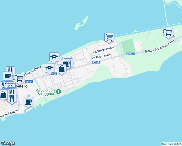 map of restaurants, bars, coffee shops, grocery stores, and more near 67 Via Trieste in Orbetello