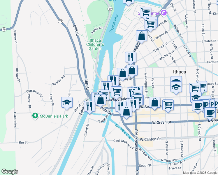 map of restaurants, bars, coffee shops, grocery stores, and more near 415 Taughannock Boulevard in Ithaca