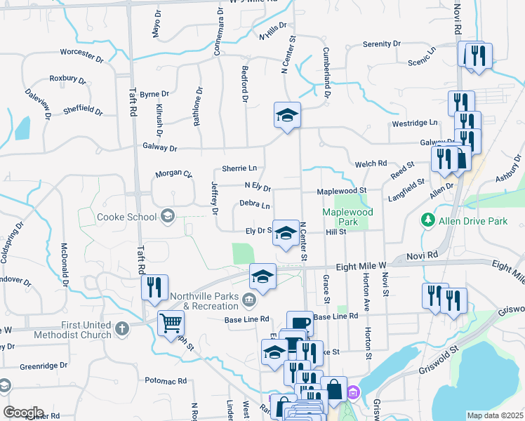 map of restaurants, bars, coffee shops, grocery stores, and more near 202 Debra Lane in Northville