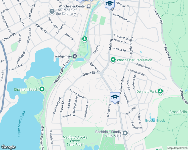 map of restaurants, bars, coffee shops, grocery stores, and more near 8 Grove Street in Winchester