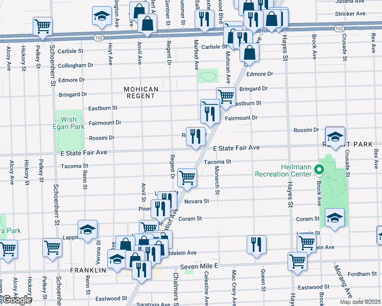 map of restaurants, bars, coffee shops, grocery stores, and more near 14476 East State Fair Avenue in Detroit