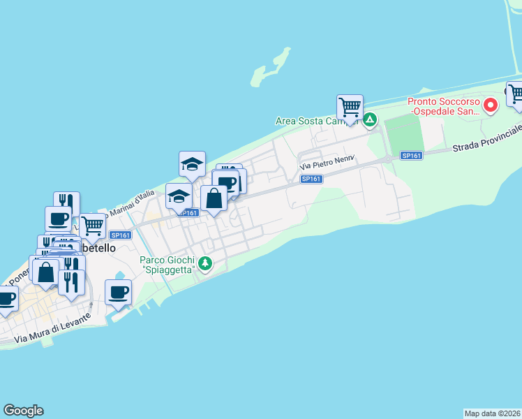map of restaurants, bars, coffee shops, grocery stores, and more near 11 Via Pola in Orbetello