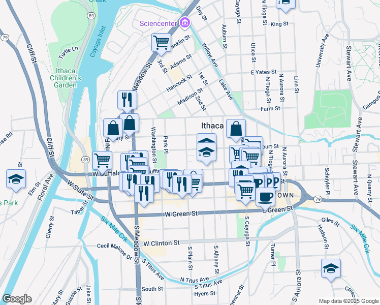 map of restaurants, bars, coffee shops, grocery stores, and more near 325 North Plain Street in Ithaca