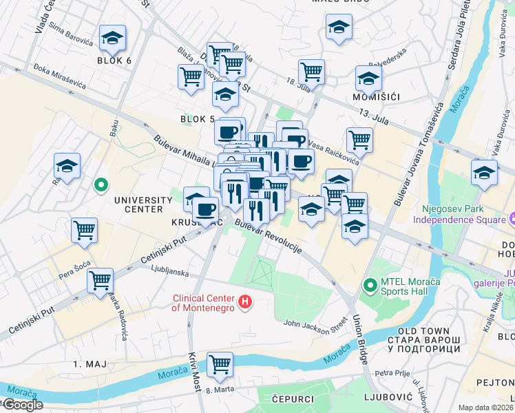 map of restaurants, bars, coffee shops, grocery stores, and more near Rimski Trg in Podgorica