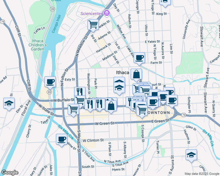 map of restaurants, bars, coffee shops, grocery stores, and more near 325 North Plain Street in Ithaca