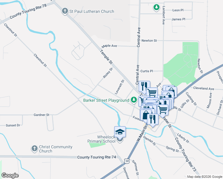map of restaurants, bars, coffee shops, grocery stores, and more near 121 Center Street in Fredonia