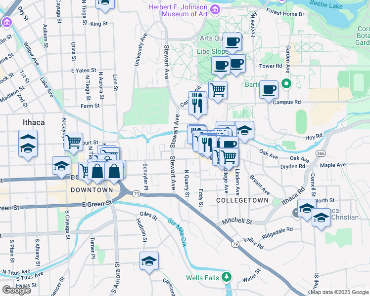 map of restaurants, bars, coffee shops, grocery stores, and more near Williams St & Highland Pl in Ithaca