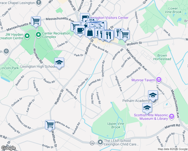 map of restaurants, bars, coffee shops, grocery stores, and more near 42 Winthrop Road in Lexington