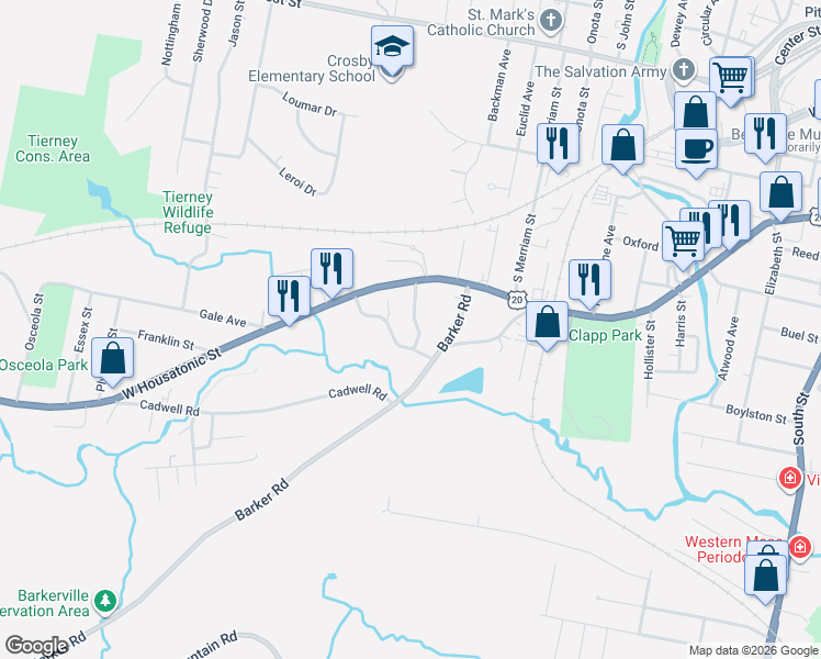 map of restaurants, bars, coffee shops, grocery stores, and more near 38 Hampshire Street in Pittsfield
