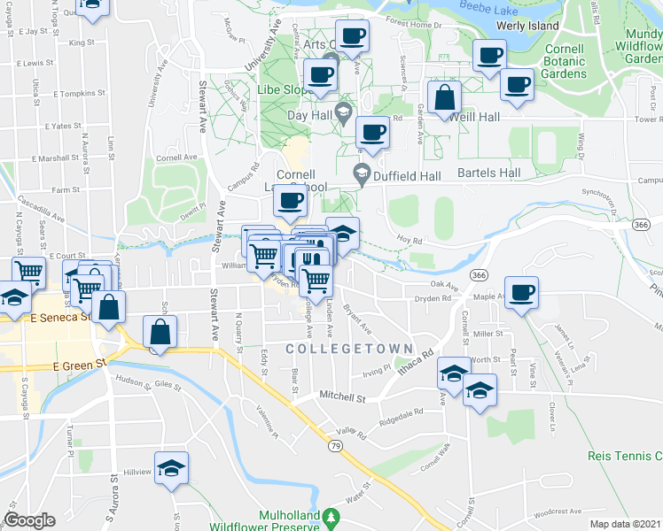 map of restaurants, bars, coffee shops, grocery stores, and more near 116 Summit Avenue in Ithaca