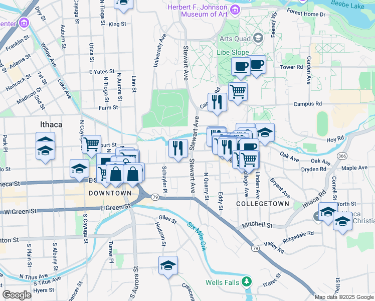 map of restaurants, bars, coffee shops, grocery stores, and more near in Ithaca