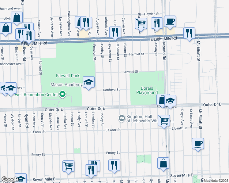 map of restaurants, bars, coffee shops, grocery stores, and more near 19970 Moenart Street in Detroit
