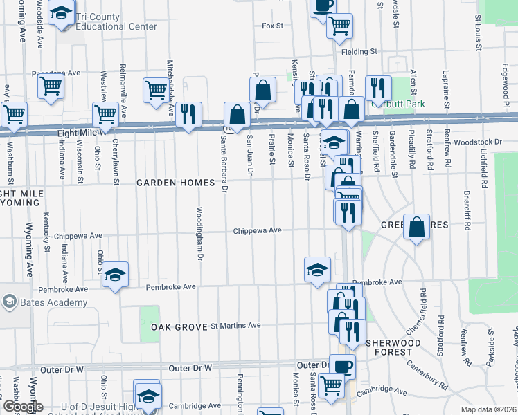 map of restaurants, bars, coffee shops, grocery stores, and more near 20185 Prairie Street in Detroit
