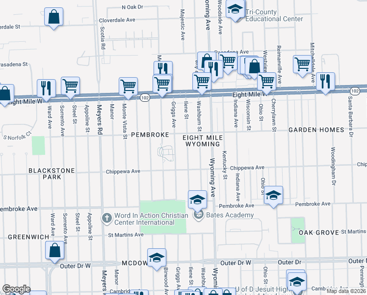 map of restaurants, bars, coffee shops, grocery stores, and more near 20214 Griggs Street in Detroit