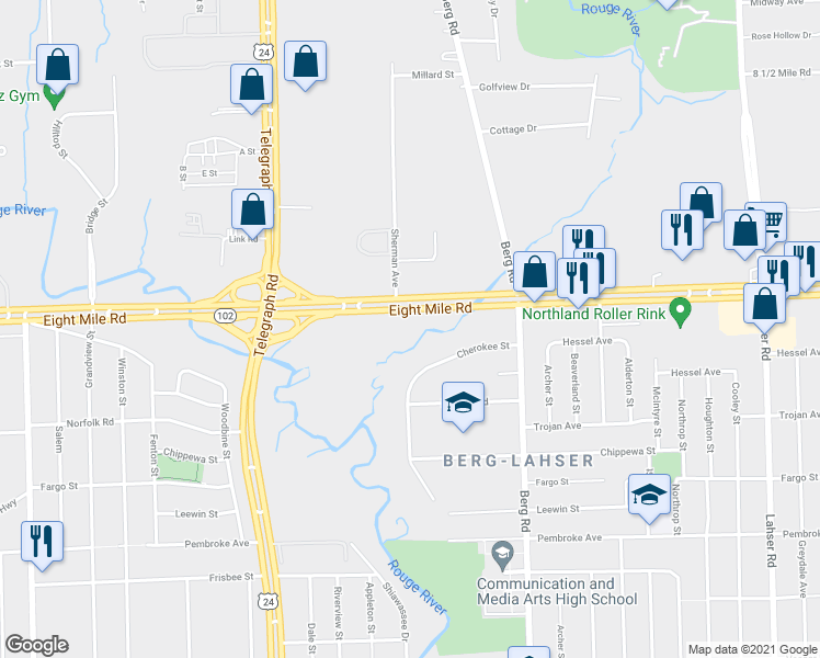 map of restaurants, bars, coffee shops, grocery stores, and more near 23201 Eight Mile Road in Detroit