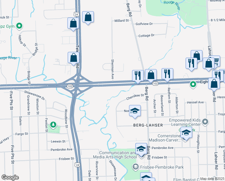map of restaurants, bars, coffee shops, grocery stores, and more near in Southfield