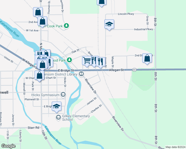map of restaurants, bars, coffee shops, grocery stores, and more near 524 East Bridge Street in Plainwell