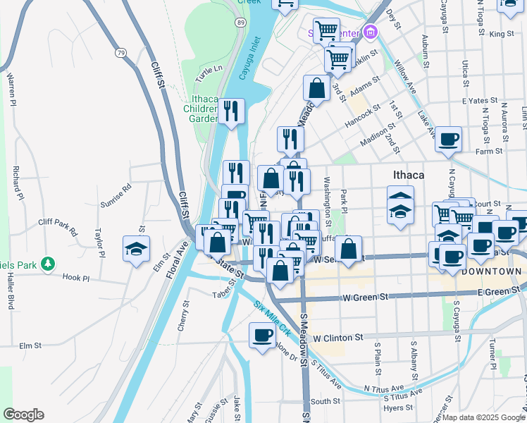 map of restaurants, bars, coffee shops, grocery stores, and more near 400 North Fulton Street in Ithaca