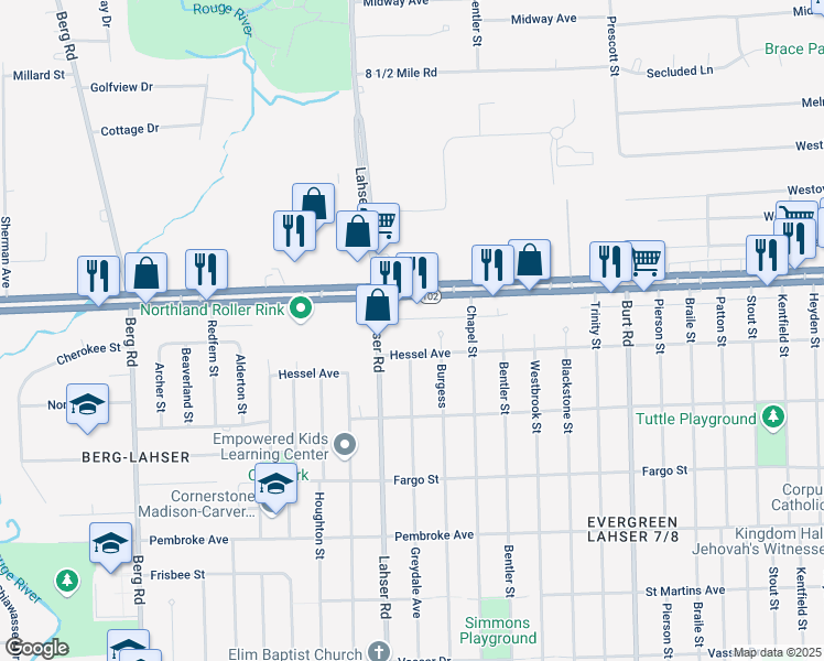 map of restaurants, bars, coffee shops, grocery stores, and more near 21630 Hessel Avenue in Detroit