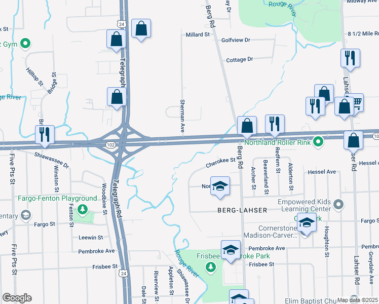 map of restaurants, bars, coffee shops, grocery stores, and more near 23301 West 8 Mile Road in Detroit
