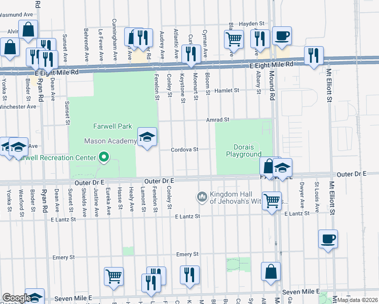 map of restaurants, bars, coffee shops, grocery stores, and more near 19970 Moenart Street in Detroit