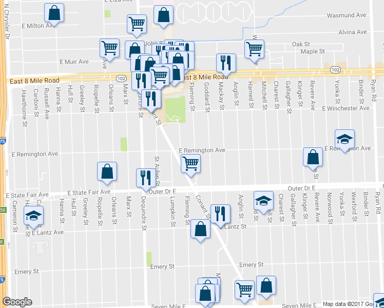 map of restaurants, bars, coffee shops, grocery stores, and more near 2280 East Remington Avenue in Detroit