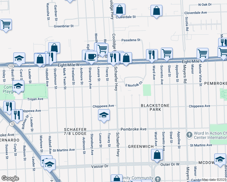 map of restaurants, bars, coffee shops, grocery stores, and more near 20201 Schaefer Highway in Detroit