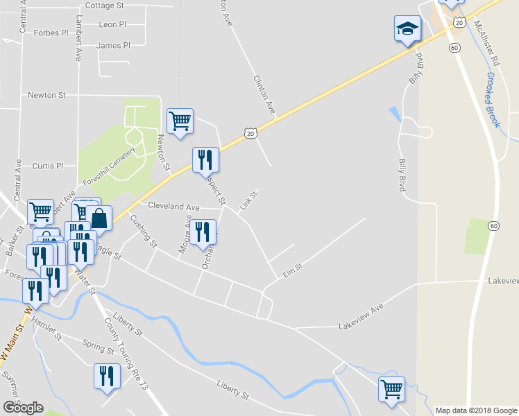 map of restaurants, bars, coffee shops, grocery stores, and more near 29 Link Street in Fredonia