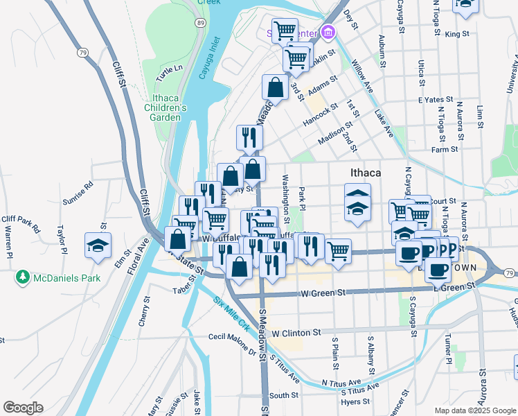 map of restaurants, bars, coffee shops, grocery stores, and more near 701 West Court Street in Ithaca