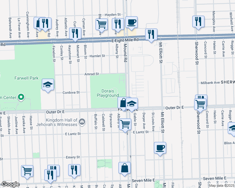 map of restaurants, bars, coffee shops, grocery stores, and more near Dorais Velodrome in Detroit