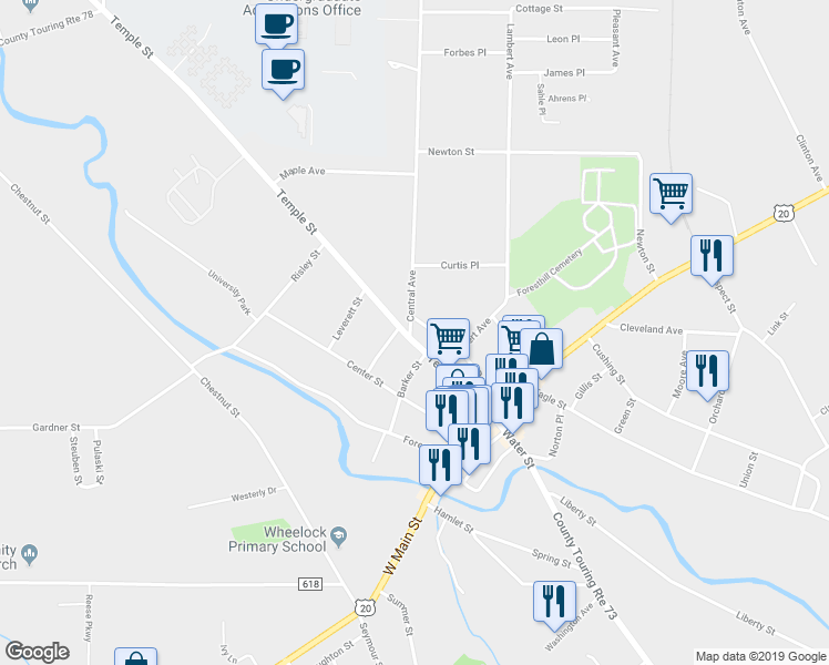 map of restaurants, bars, coffee shops, grocery stores, and more near 3 Central Avenue in Fredonia