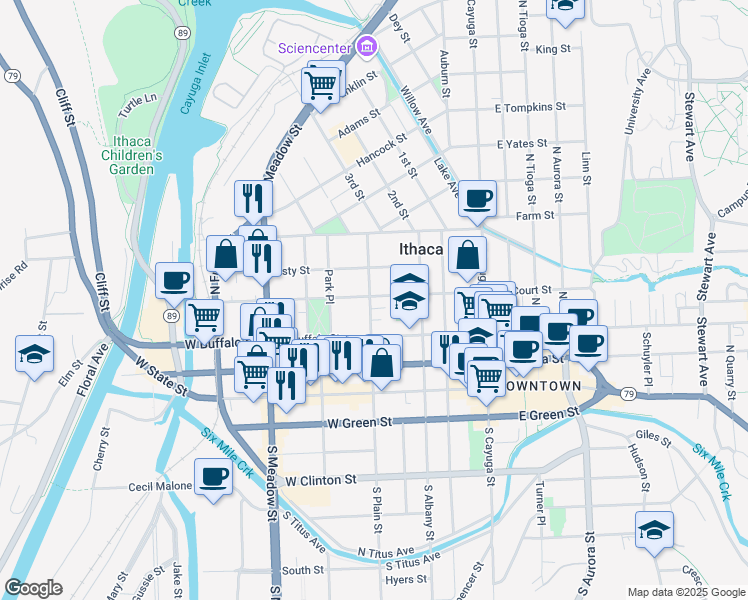 map of restaurants, bars, coffee shops, grocery stores, and more near 331 West Court Street in Ithaca