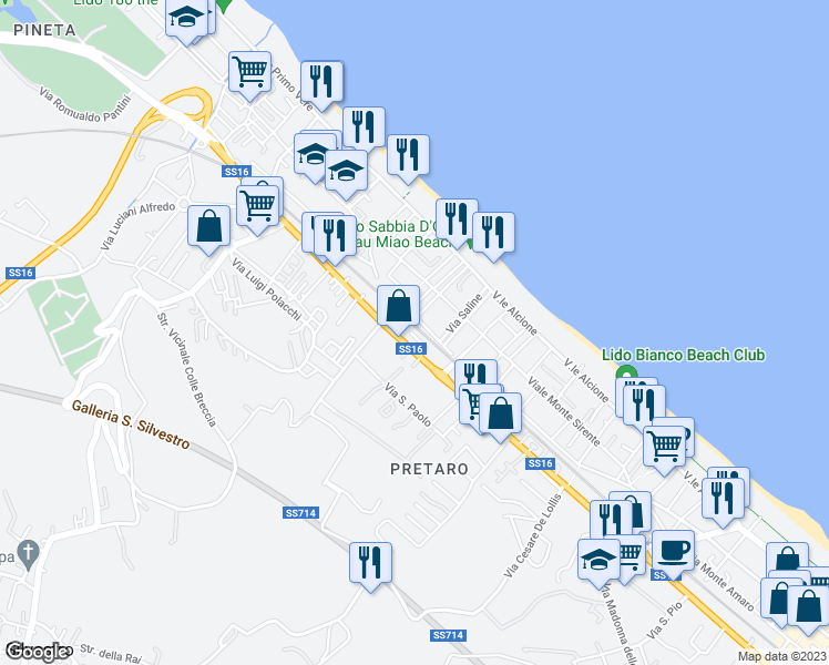 map of restaurants, bars, coffee shops, grocery stores, and more near 68 Contrada Pretaro in Francavilla al Mare