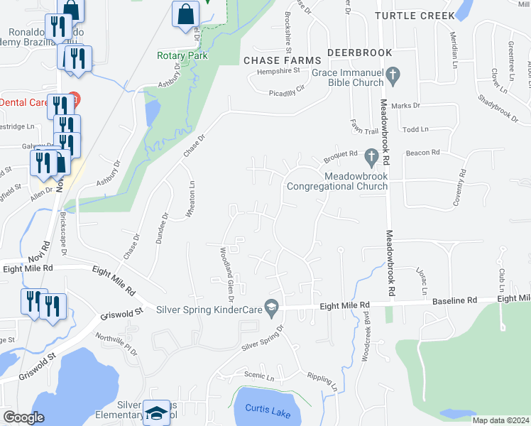 map of restaurants, bars, coffee shops, grocery stores, and more near 42144 Roscommon Street in Northville