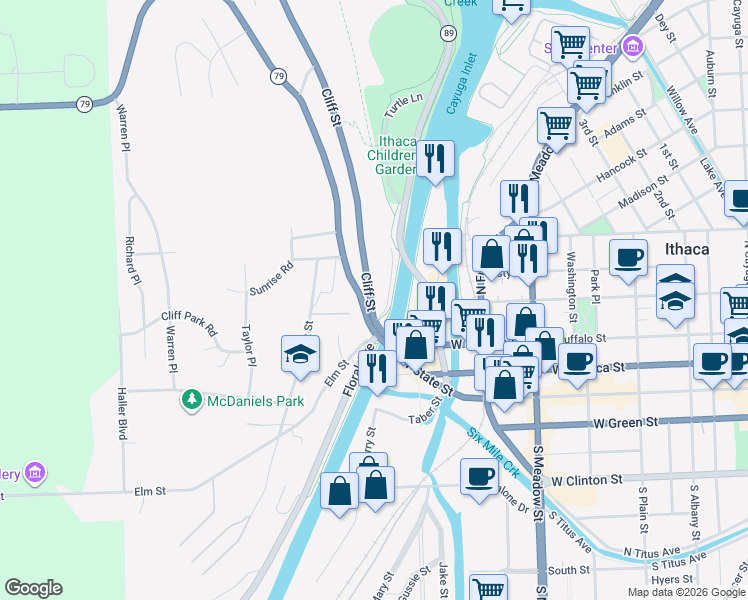 map of restaurants, bars, coffee shops, grocery stores, and more near 203 Cliff Street in Ithaca