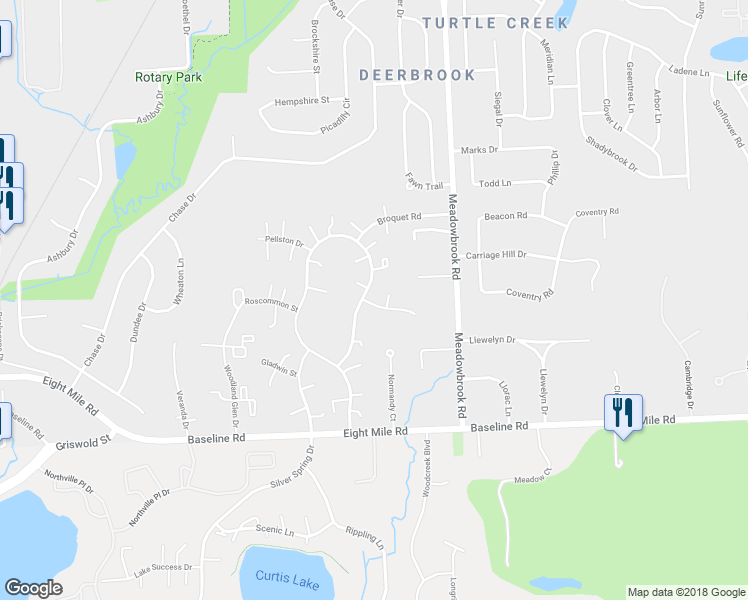 map of restaurants, bars, coffee shops, grocery stores, and more near 41771 Onoway Drive in Northville