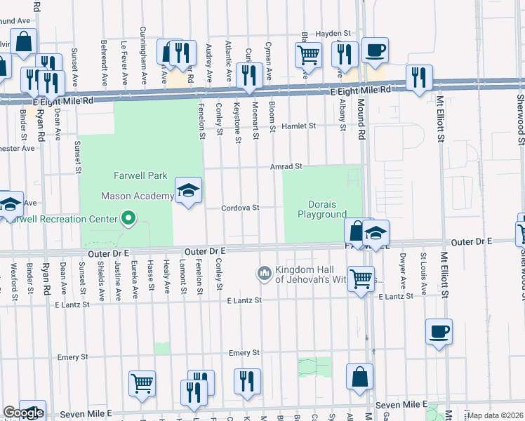 map of restaurants, bars, coffee shops, grocery stores, and more near 19970 Moenart Street in Detroit